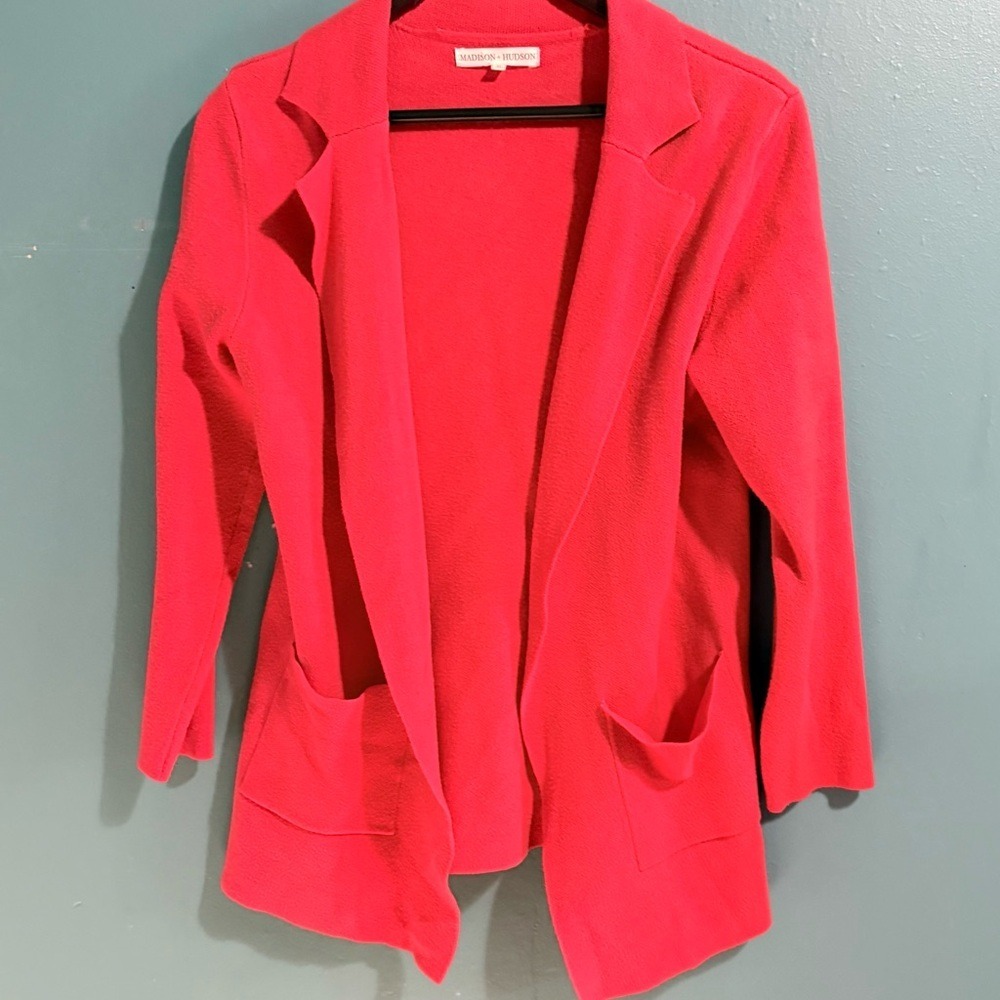 Madison Hudson Red Knit Open Front‎ Blazer Pockets Casual Career